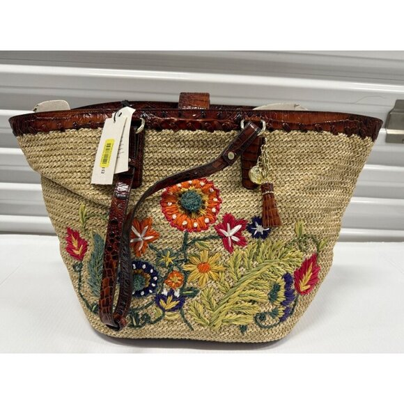 Brahmin Woven Straw EMBROIDERED LARGE PURSE Romina Le Jardin Tote New $395 - Picture 1 of 10